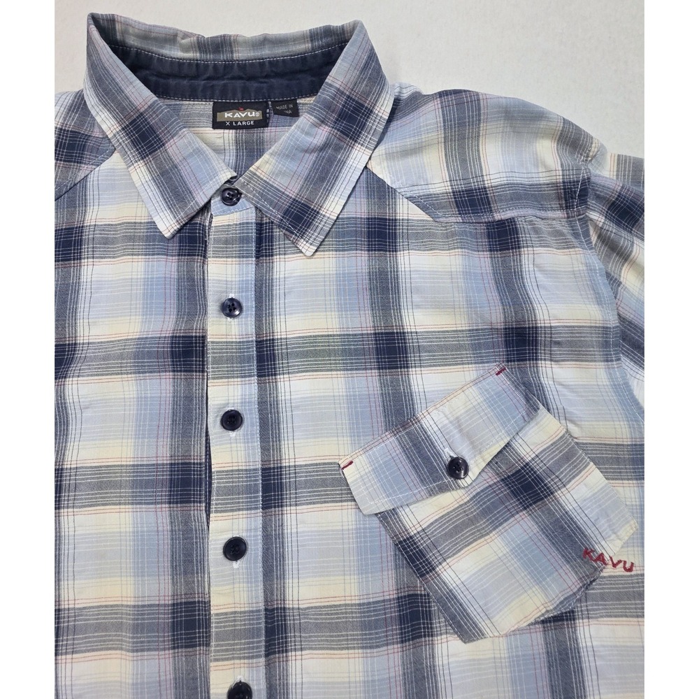 KAVU‎ Shirt Mens XL Long Sleeve Button Up DIAGONAL Chest Pockets Plaid Outdoor
